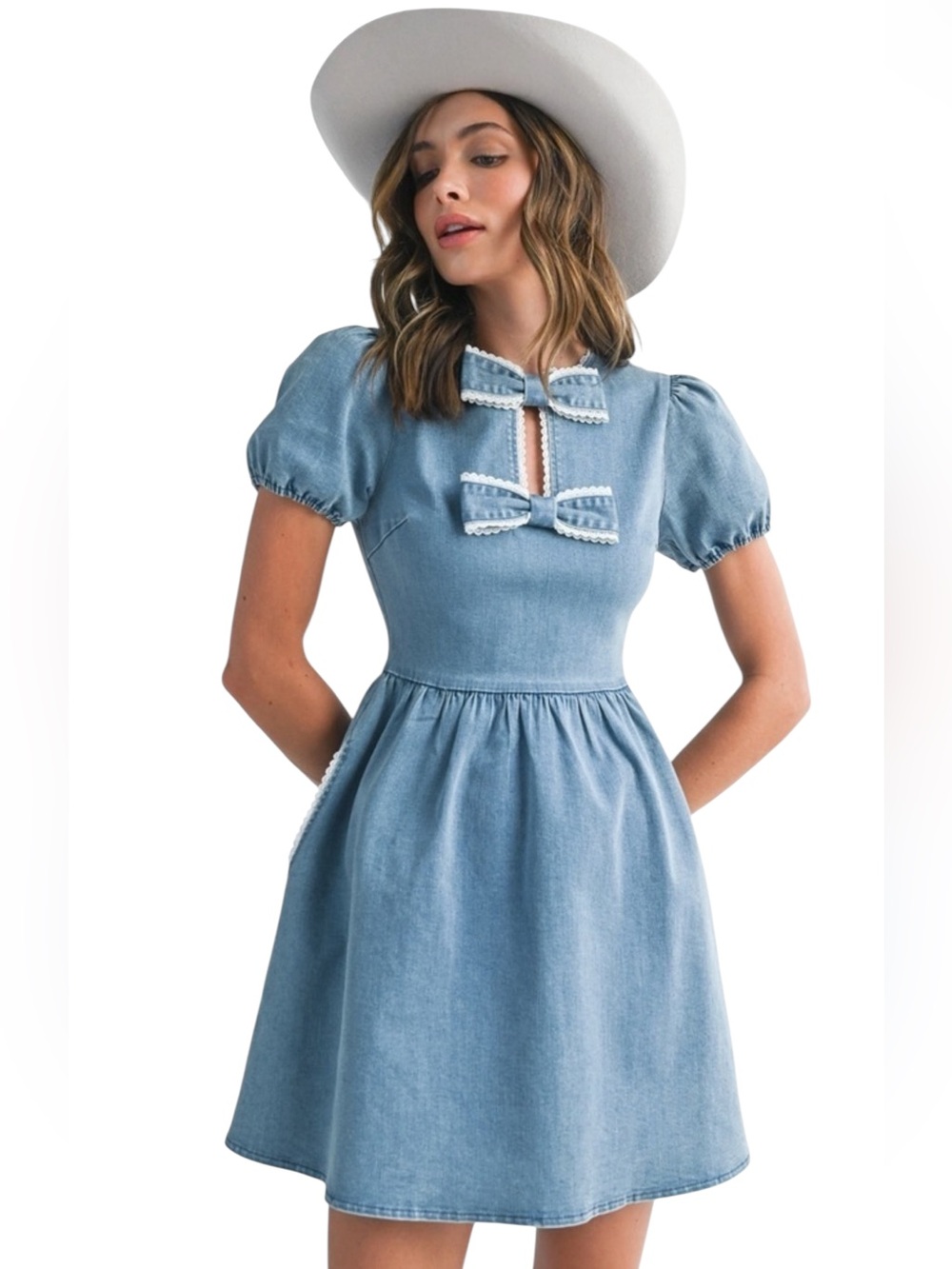 Light Blue Denim Bow-Accent Short-Sleeve Dress
